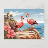 Two flamingos on a cliff