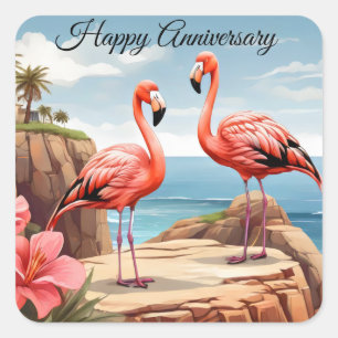 Two flamingos on a cliff square sticker