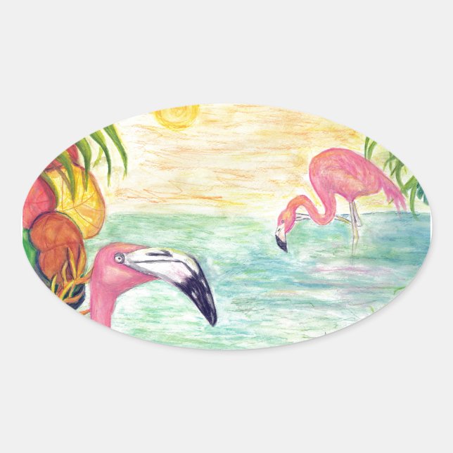 Two Florida Flamingos Watercolor Art Oval Sticker (Front)