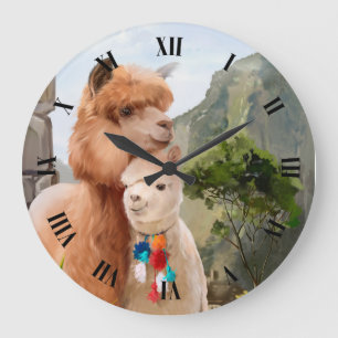 Two fluffy alpacas on the background of the lake	 large clock