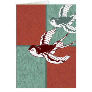 Two Flying Sparrows Birds Red Blue Colour Blocks