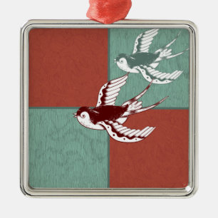Two Flying Sparrows Birds Red Blue Colour Blocks Metal Tree Decoration