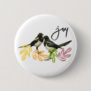"Two for Joy" 2 Magpies with floral accent 6 Cm Round Badge