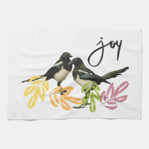 "Two for Joy" Magpies and Floral Accent Tea Towel