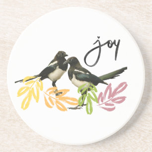 "Two for Joy" Two Magpies with floral accents Coaster