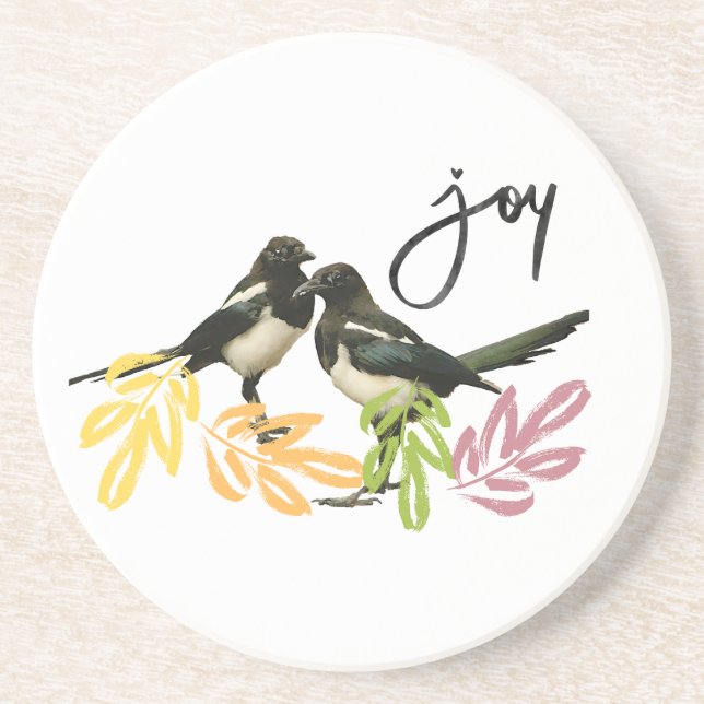 "Two for Joy" Two Magpies with floral accents Coaster (Front)