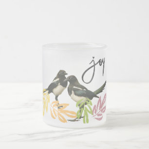 "Two for Joy" Two Magpies with floral accents Frosted Glass Coffee Mug