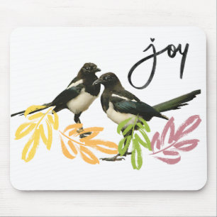 "Two for Joy" Two Magpies with Floral accents Mouse Mat