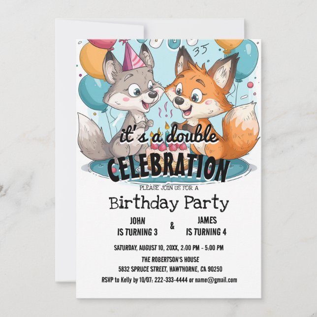 Two Foxes and Balloons Double Birthday Party In Invitation (Front)