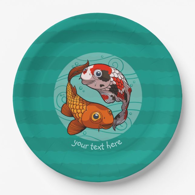 Two Friendly Koi Carp Swimming Cartoon With Text Paper Plate (Front)