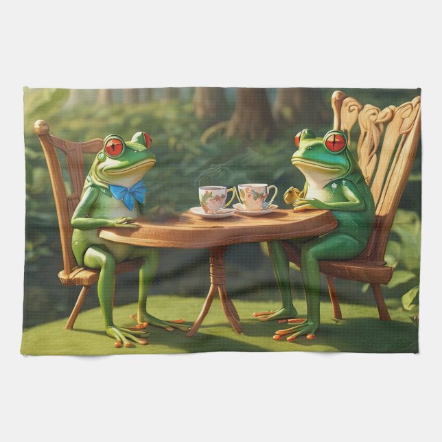 Two frogs having tea tea towel (Horizontal)