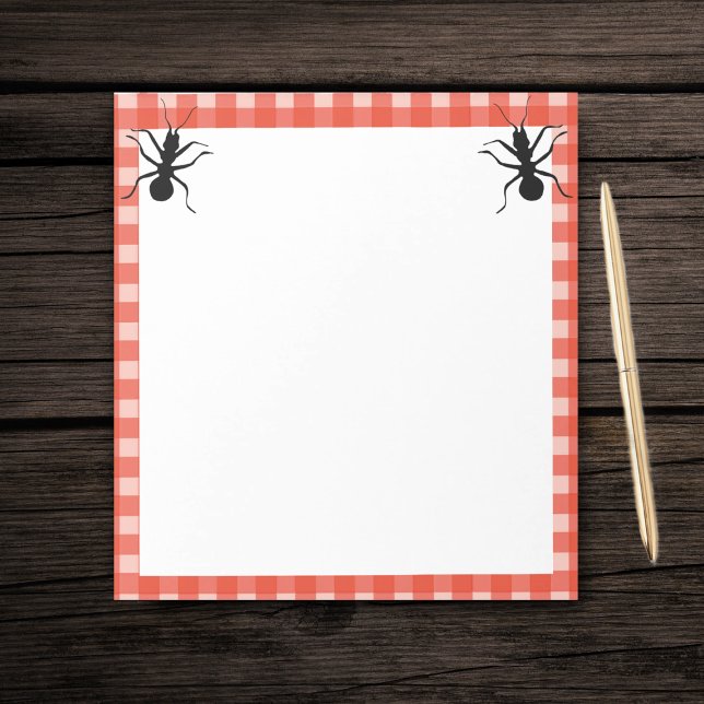 Two Fun Big Black ants red White Plaid Border Notepad (Two black ants red white checkered picnic tablecloth border on white paper notepad.)