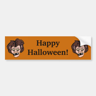 Two Fun Cartoon Halloween Werewolf Heads on Orange Bumper Sticker