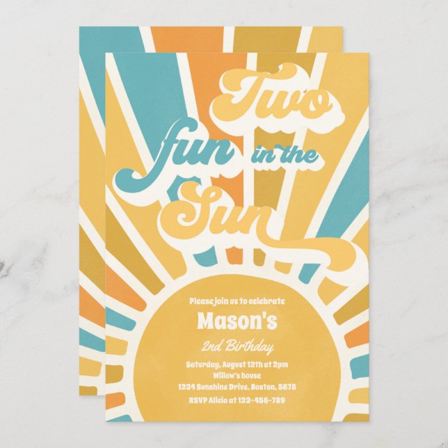 Two Fun In The Sun Sunshine 2nd Birthday Blue Rays Invitation (Front/Back)