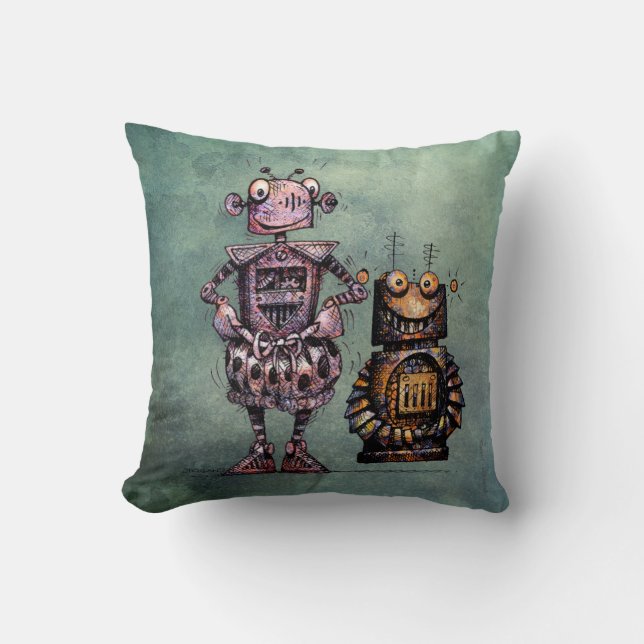 Two Funny Kid's Steampunk Robots! Cushion (Front)