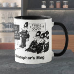 Two Funny Police Cartoons. Add Name Choice. Mug<br><div class="desc">This mug has two police theme cartoons,  with one on each side. Funny illustrations show how police deal with a fire at their police station,  and also a typical training day. Personalise with your choice of name.</div>