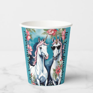 Two Funny Unicorns With Pink Flowers Paper Cups