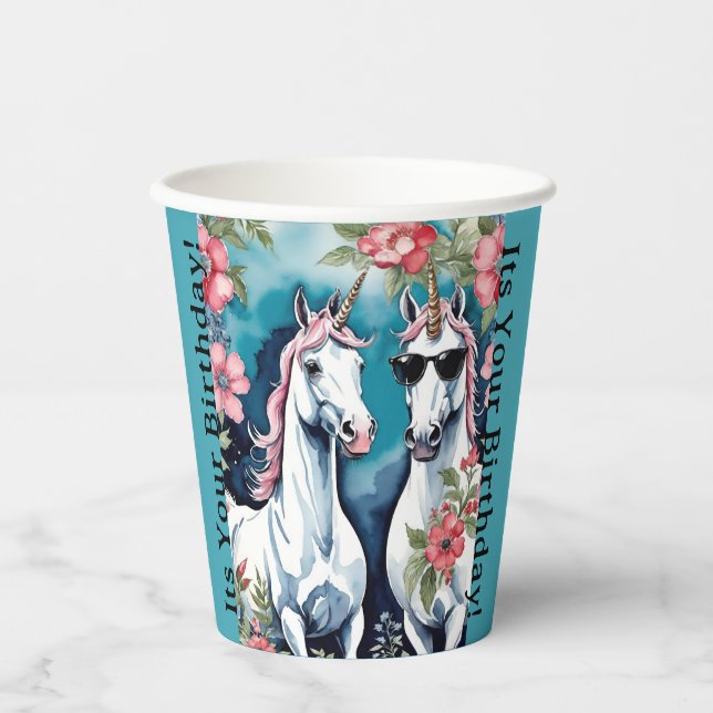 Two Funny Unicorns With Pink Flowers Paper Cups (Front)