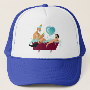two gay pride men bathtub, bubbles, gifts, LGBTQIA Trucker Hat