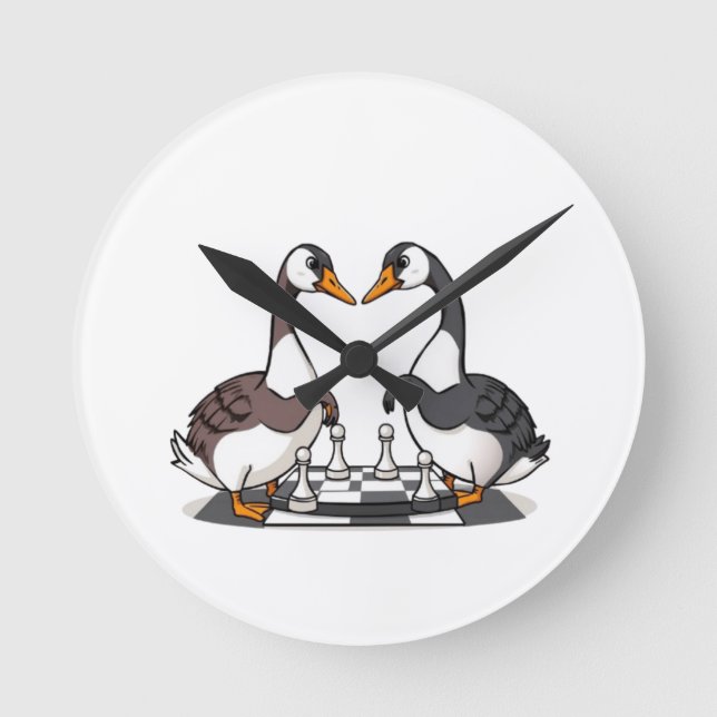 Two Geese Playing Chess Round Clock (Front)