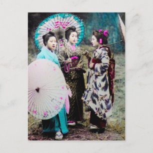 Two Geisha and a Maiko and Parasols Old Japan Postcard