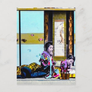 Two Geisha Smoking Before Bed Vintage Japan Postcard