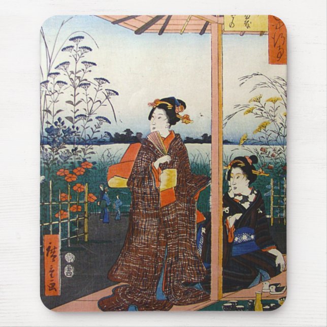 Two Geishas Japanese Traditional Woodblock Ukiyo-E Mouse Mat (Front)