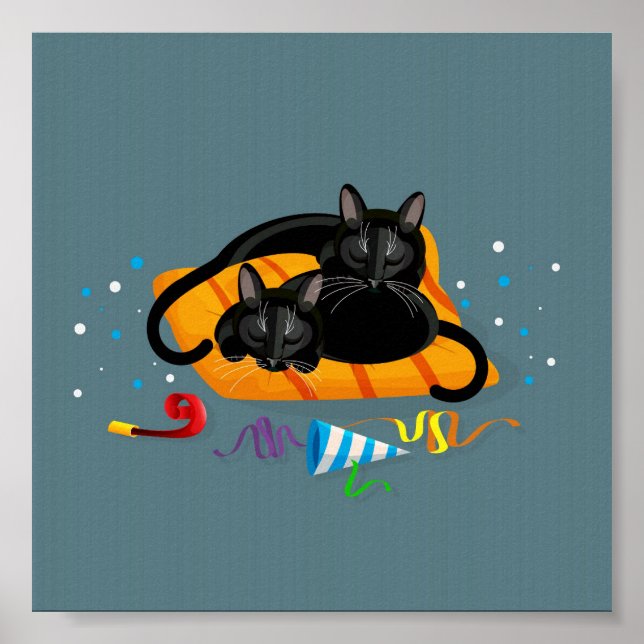 Two geometric black cats asleep after party poster (Front)