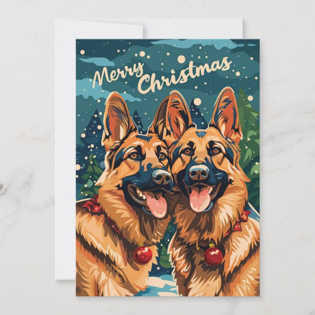 Two German Shepherd Merry Christmas  Holiday Card (Front)
