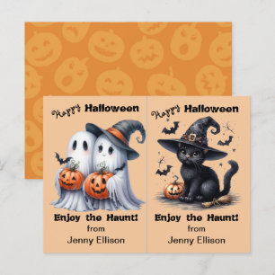 Two Ghosts and Black Cat Party Halloween Card