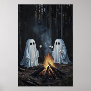 Two Ghosts By Campfire In Woods With Marshmallows Poster