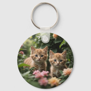 Two Ginger Kittens Exploring A Lush Garden Key Ring