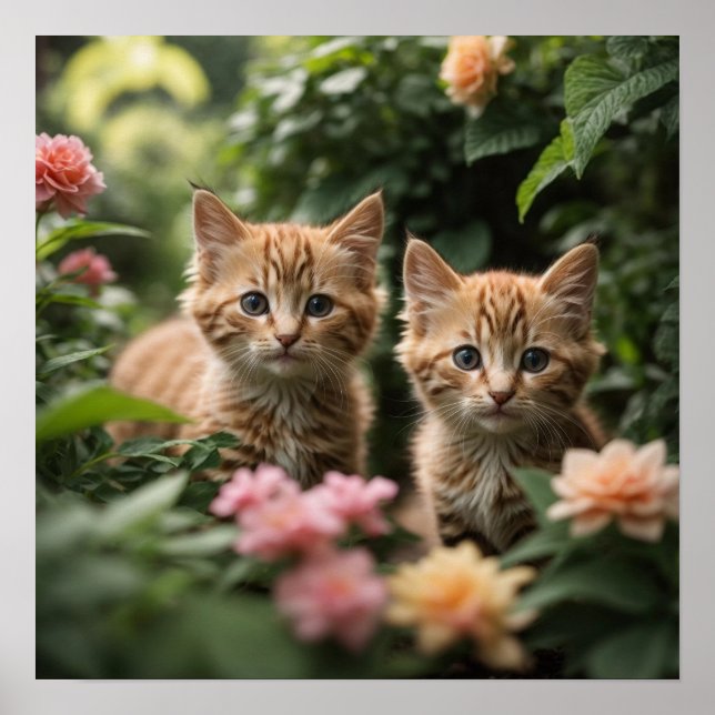 Two Ginger Kittens Exploring A Lush Garden Poster (Front)