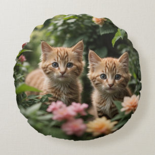 Two Ginger Kittens Exploring A Lush Garden Round Cushion