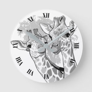 Two giraffes in black and white round clock