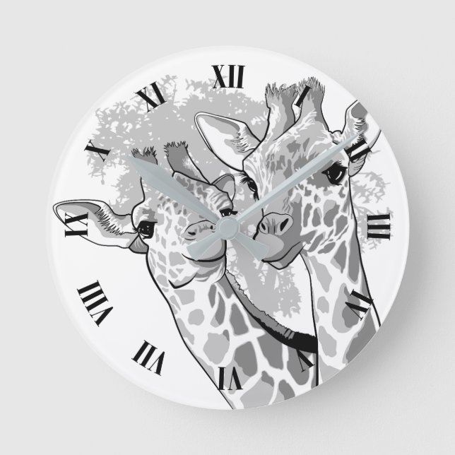 Two giraffes in black and white round clock (Front)