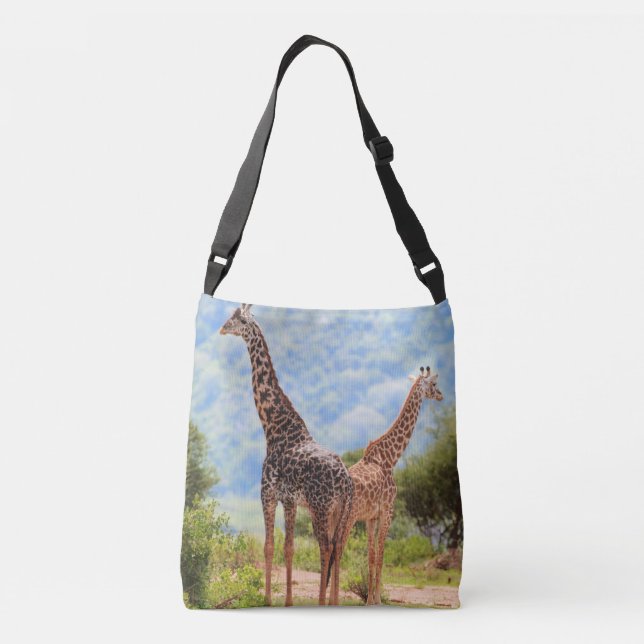 Two giraffes in Serengeti national park. Africa Crossbody Bag (Back)