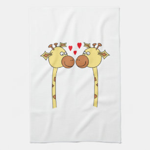 Two Giraffes with Red Love Hearts. Cartoon Tea Towel