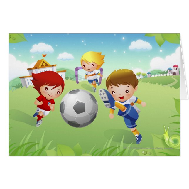 Two girls and a boy playing soccer (Front Horizontal)