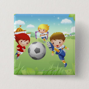 Two girls and a boy playing soccer 15 cm square badge
