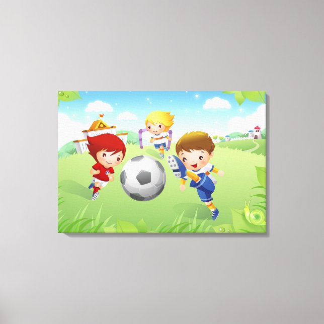 Two girls and a boy playing soccer canvas print (Front)