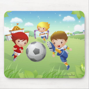 Two girls and a boy playing soccer mouse mat