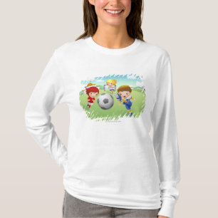 Two girls and a boy playing soccer T-Shirt
