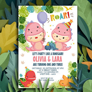 Two Girls Dinosaur Joint Birthday Invitation
