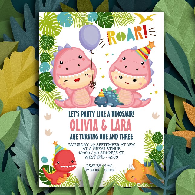 Two Girls Dinosaur Joint Birthday Invitation (Creator Uploaded)