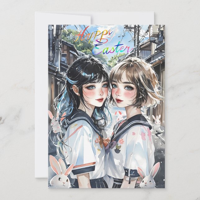 Two Girls in a Japanese Alley with Bunnies Holiday Card (Front)