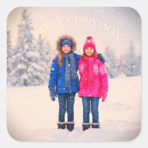 TWO GIRLS KIDS IN SNOW SCENE CHRISTMAS DESIGN SQUARE STICKER