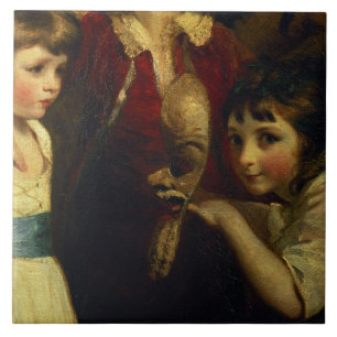 Two Girls, One Playing with a Mask, detail from th Tile