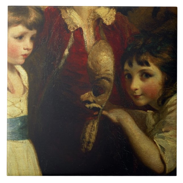 Two Girls, One Playing with a Mask, detail from th Tile (Front)