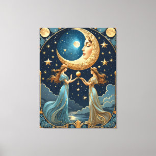 two girls painting magic with a moon canvas print